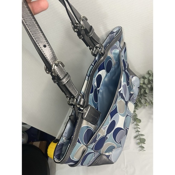 Coach Signature Op Art Scarf Print Blue Sateen Gallery Tote Handbag - Picture 4 of 12
